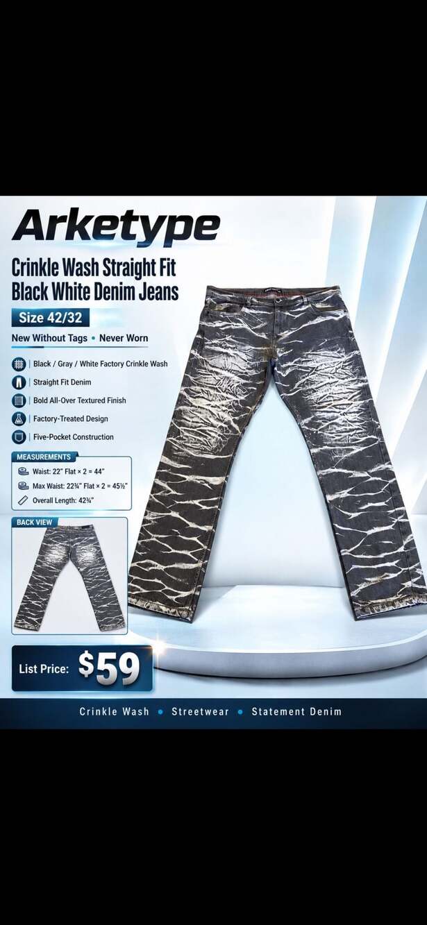 Arketype Crinkle Wash Straight Fit Black White Statement Jeans
